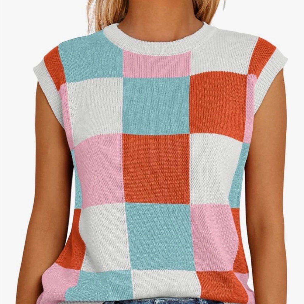 LILLUSORY Checkerboard Knit Sweater Vest Sleeveless‎ Crewneck Top Multi #164